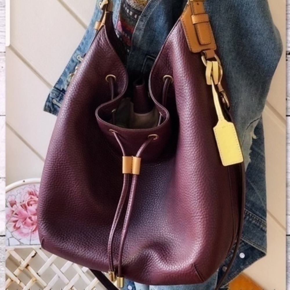 COACH EGGPLANT DRAWSTRING PEBBLED LEATHER BUCKET HOBO BAG
